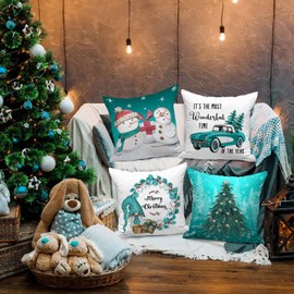 Lanpn Christmas Throw Pillow Covers 20x20 Set of 4, Merry Christmas Xmas Winter Snowman Decorative Holiday Cushion Teal Pillow Cases 20 x 20 for Outdoor Indoor Farmhouse Home House Room Couch Decor