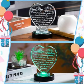 Arikyrist Crystal 90th Happy Birthday Gifts for Women Heart Keepsake for Mum Grandma Friends 90 Years Old with Colorful Light Base Speical 90th Birthday Ornament Presents for Female
