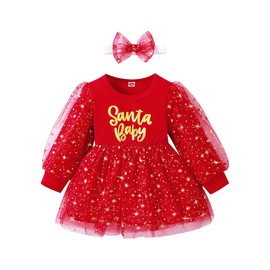 Christmas One-Piece Dress Infant Baby Girl Long Sleeve Skirt with Headband New Year Party Costume Outfit (Santa Baby, 2-3 Years)