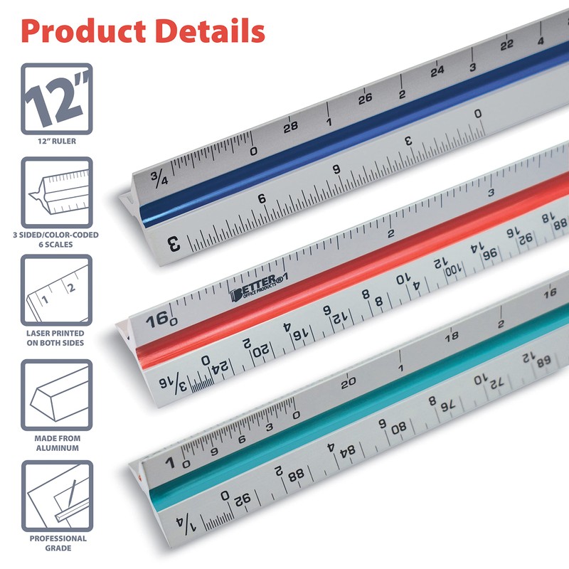 Better Office Products Triangular Ruler, 12 Inch Metal, Triple Sided
