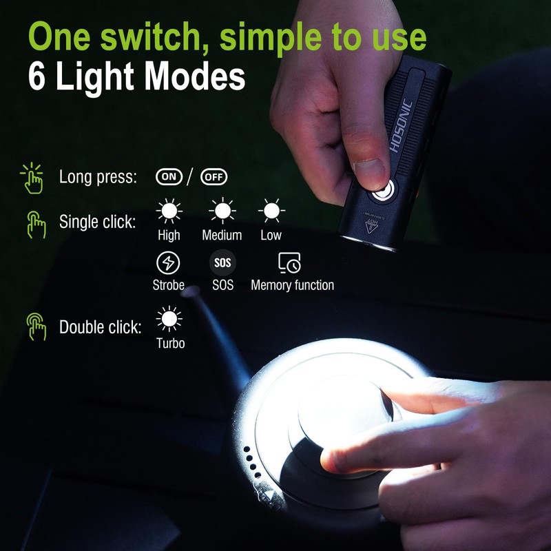 HOSONIC D12 Rechargeable EDC Flashlight, Small Flat Flashlights Powerful with