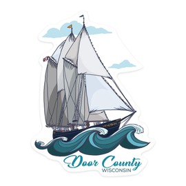 Die Cut Sticker Door County, Wisconsin, Schooner, Sailboat, Contour Vinyl Sticker 1 to 3 inches (Waterproof Decal for Cars, Water Bottles, Laptops, Coolers), Small