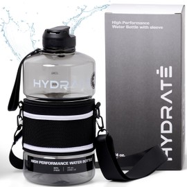 HYDRATE Bottles - 2.2L Large Water Bottle with Sleeve - Leak Proof BPA Free Impact Resistant Plastic - Unique Design with Carrying Strap - Ideal for Gym, Workout, Camping, Office - Black