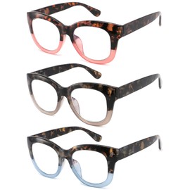 Readersoul 3 Pack Oversized Reading Glasses for Women Blue Light Blocking Computer Readers Fashion Big Round Frame Eyeglasses with Spring Hinge，Anti Glare/UV Ray Filter (+100 Magnification Strength)