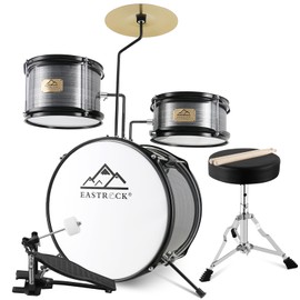 EASTROCK Kids Drum Set, 3 Piece 14'' Junior Drum sets for Drummer,Beginner, Drum Set for 5-7 Years Old with Adjustable Throne,Cymbal,Pedal,Drumsticks (Gray)