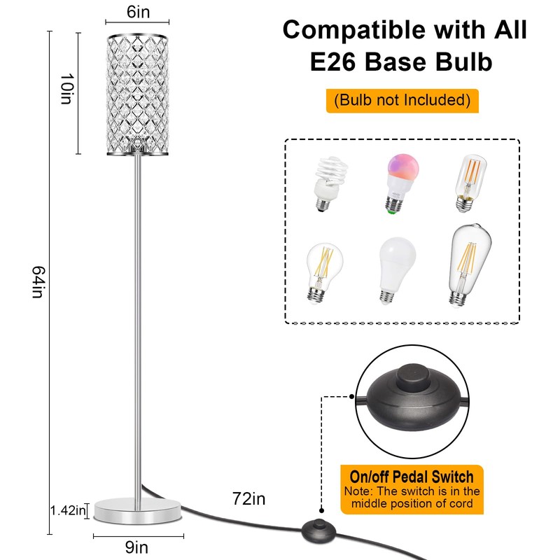 Crystal Floor Lamp, Modern Standing Lamp with Elegant Shade, LED