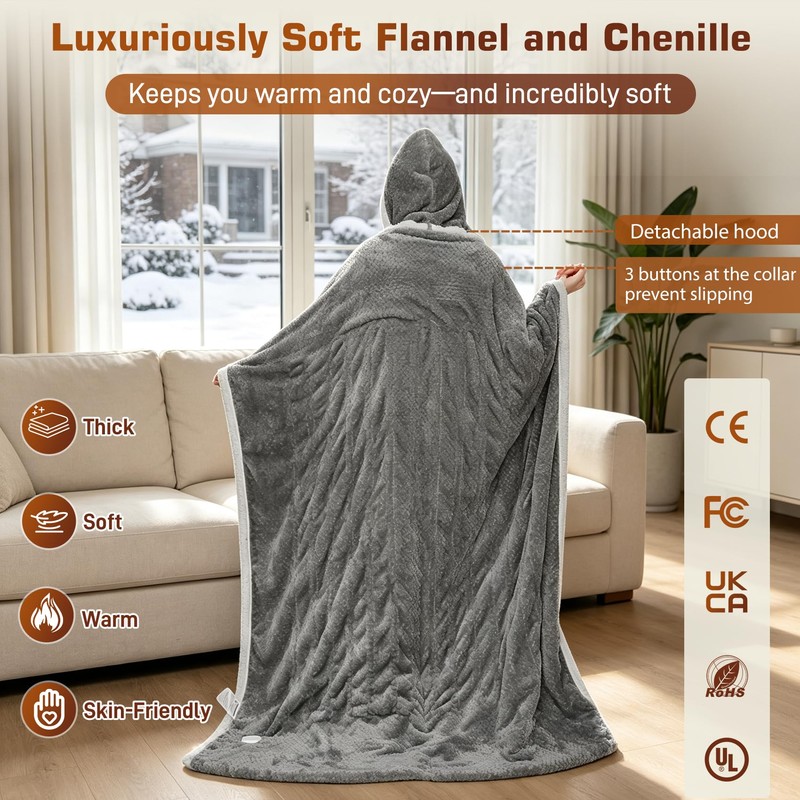 Wearable Heated Blanket with Foot Pocket, Detachable Hood, 8 Heat