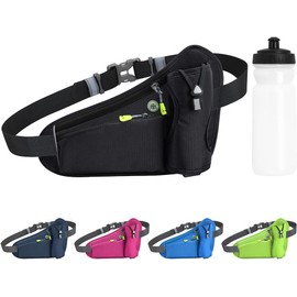 Tyuodna Running Belt with Water Bottle Holder,Ultra Light and Waterproof Waist Pack, with Reflective Strips and Headphone Hole Ideal Adjustable for Exercise, Travel Hiking & Outdoor (Black+Bottle)