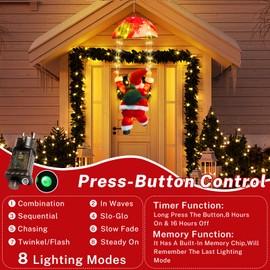 Bowfar Santa Claus Parachute Fairy Lights, 8 Modes, 70 LEDs, Outdoor Christmas Lights with Santa, Timer, Remote Control, Warm White Fairy Lights, Outdoor Power for Christmas Tree Window, Christmas