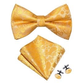 Gusleson Gold Bow Tie Pocket Square Set for Wedding Pre-Tied Paisley Bowties Handkerchief Cufflinks for Men (UK0497-05)