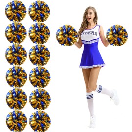 Extpro 12Pcs Cheerleading Pom Poms with Finger Holes Metallic Foil Cheer Pom Poms for Dance, Matches, Team Spirit Sports, Stage Performance, Carnival Celebration,12PCs Blue Gold