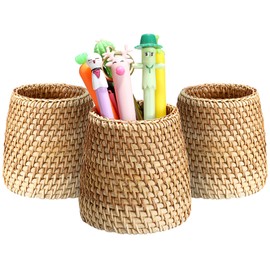 BTSKY 3 Pack Rattan Pen Cup, Handmade Desk Pencil Holders Makeup Brush Holder Multi-Functional Woven Basket Office&Home Desktop Organizer (Cone)