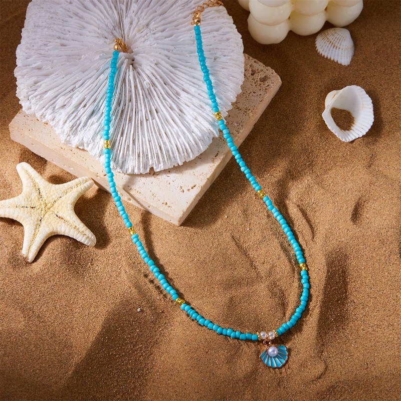 Seashell Pearl Pendant Necklace Gold Plated Boho Enamel Pink Blue