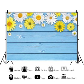 Haoyiyi 5x3ft Baby Blue Wooden Wall Backdrop White and Yellow Daisy Floral Flowers Photography Background Baby Shower Mom Valentines Party Interior Cartoon Greeting Card Decoration Photo Studio Props