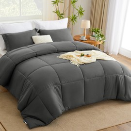 CozyLux Queen Comforter Set - Dark Grey Comforter Queen Size, 3 Pieces Box Stitched Bed Set for All Seasons, Soft Lightweight Bedding Sets with 1 Down Alternative Comforter and 2 Pillow Shams