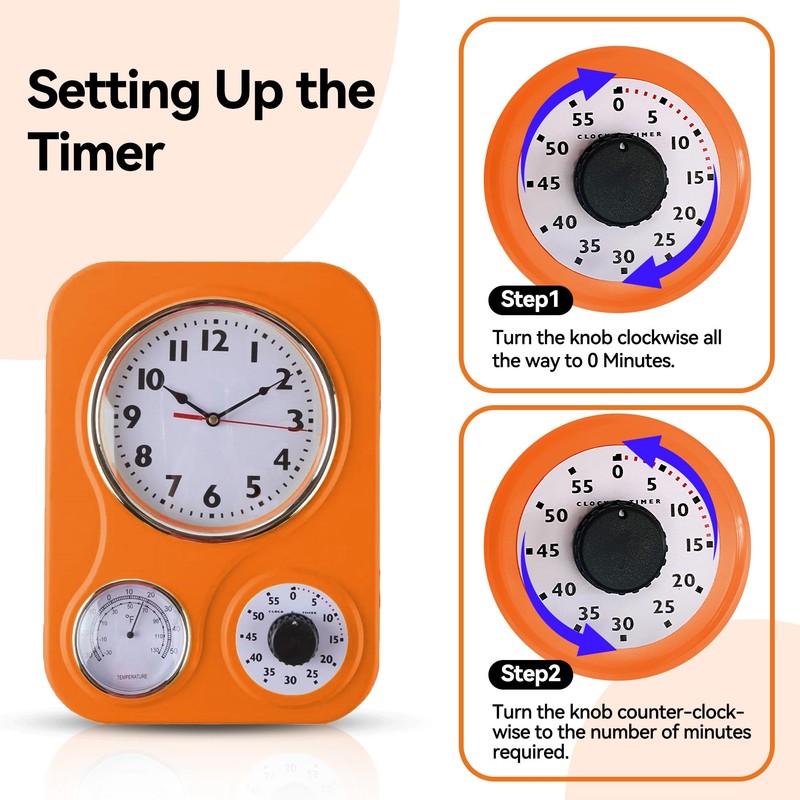 Lily's Home Retro Kitchen Clock with Temperature and Timer (Orange)