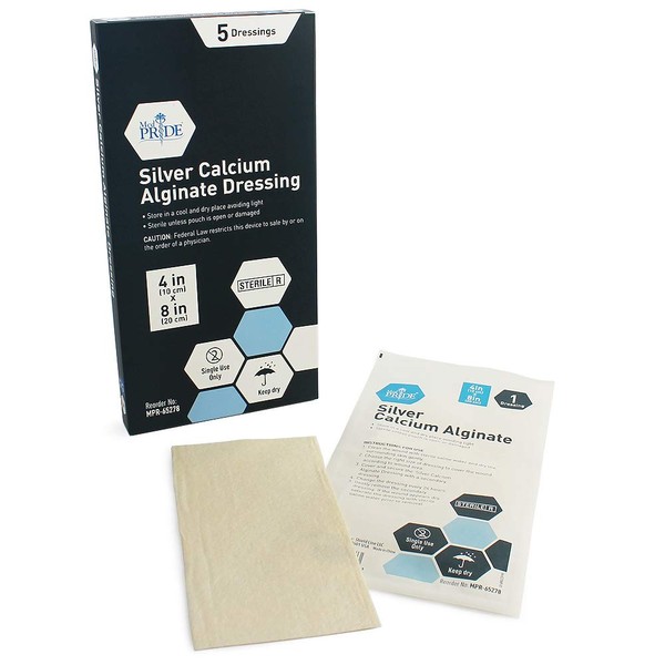 Medpride Silver Calcium Alginate Wound Dressing Pads| 4” x 8” Patches, 5-Pack| Antimicrobial, Non-Stick Padding, Sterile, Highly Absorbent & Comfortable|