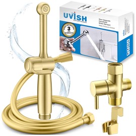 Uvish Handheld Bidet Toilet Sprayer, Brass Hand Held Bidet Attachment Cloth Diaper Toilet Sprayer with Backflow Preventer, Adjustable Water Jet Spray for Toilet with 7.9" Long Bidet Wand, Brushed Gold