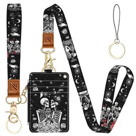 Skeleton Love 2-in-1 ID Badge Holder & Lanyard Wallet for Teachers,Nurse,Professionals-Cute Zippered Coin Pouch,Removable Wristlet & Neck Lanyard,5 Card Slots Stylish Work Essential