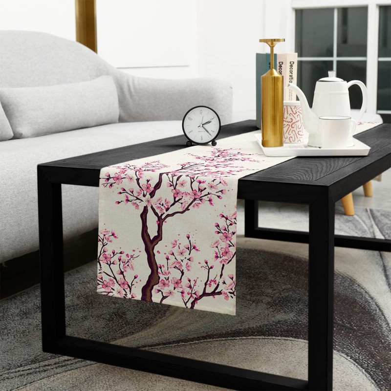 Cherry Blossom Table Runner 36 Inches Long Cotton Linen Tablerunner