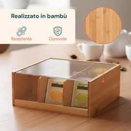 Avilia Organizer Bambù 6 Scomparti Porta Tisane e Capsule Caffè - Porta Bustine Tè e Tisane - Set Regalo Donna -Contenitore Compatto Cucina e Ufficio - 10x22x21 cm