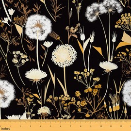 Feelyou Dandelion Fabric by The Yard 3 Yards Floral Botanical Decorative Waterproof Outdoor Fabric for Boys Girls Garden Flower Upholstery Fabric for Chairs Natural Theme Black DIY Reupholstery Fabric