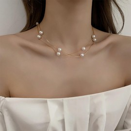 Cimenexe Bohemian Layered Pearl Choker Necklace Gold Pearl Station Bead Necklace Round White Pearl Collar Necklace Minimalist Pearl Chain Necklace Jewelry for Women and Girls Gifts