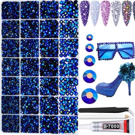22000pcs Resin Flatback Rhinestones for Crafting, Black Bottom Blue AB Roud Beads 2mm 3mm 4mm 5mm 6mm Bulk, Non-Hotfix SS8 SS10 SS16 SS20 SS30 Gems with 15ml Glue for DIY Crafting, Nails Decoration