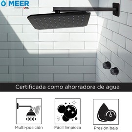 MEER Faucets by CNX | Regadera Cuadrada de 20 cm x 25 cm, Cabezal de Ducha de ABS Negro Mate. Multiposición, Anti-Sarro y Funciona con Presión Baja