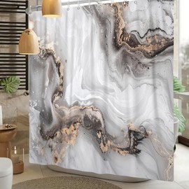 Kzzfqxb 105x160cm Shower Curtains with Plastic Hooks, Waterproof Occluded Grey Golden Marble Texture Milky Waterflow Wave Sandflow Modern Pattern for Bath, Polyester Fabric for Bathroom Bathtub