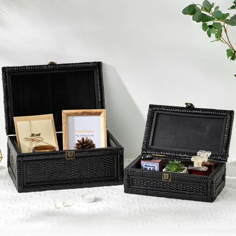 2PCS Rattan Boxes with Lid Decorative Natural Handmade Boho Baskets