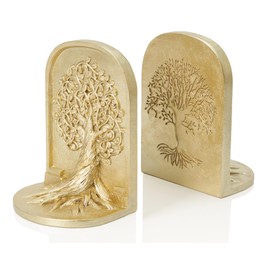 BOIHEGU Tree of Life Bookends Decor 7 inch Resin Decorative Bookends for Library Office Bookshelf Decor, Non-Skid Anti-Slip Heavy Bookends, Cool Stuff to Put on Shelves, Gold Bookends