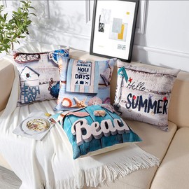 Artscope Cozy Cushion Covers, Pack of 4 Soft Velvet Summer on The Beach Print Pattern Decorative Throw Pillow Covers Cases for Sofa Couch Bedroom Living Room Home Decor 45x45CM