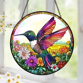Hummingbird Suncatcher Stained Glass Window Hanging Decor - Hummingbird Gifts for Women, Birds Lovers Spirit Birds Glass Panel Garden Decorations Birthday Christmas for Mom Grandma