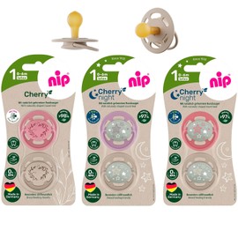 NIP Cherry & Cherry Night Dummy Set of 6 (2 x Day Bordeaux Purple + 4 x Night Girl Mix) // Size 1 // Natural Latex, 6 Colours