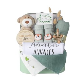 Baby Gift Set Baby Shower Gifts Basket for Newborns New Born Baby Sage Green Gift Basket with Baby Rattle Swaddle Security Blanket for Gender Neutral Baby Girls Boys