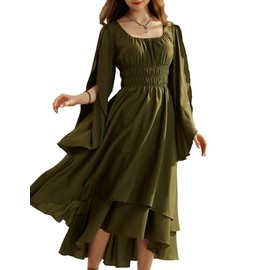 SCARLET DARKNESS Women's Renaissance Traditional Dress Medieval Long High Low Swing Dress, olive green