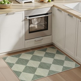 Beeiva Checkered Washable Entryway Rug 2x3, Non Slip Ultra Thin Green Front Door Mat Indoor Entrance Low Pile Small Kitchen Rug, Moroccan Neutral Throw Carpet for Bedroom Bathroom Laundry (2'x3')