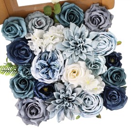 Juego de caja combinada de flores artificiales de color azul polvoriento, para centros de mesa de boda, arreglos para despedidas de soltera, decoración de fiesta, flores falsas para el