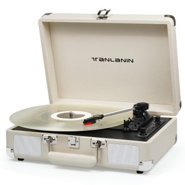 Vinyl Record Player Vintage Portable Suitcase Turntables with Built-in Upgrade Speakers, USB Recording, 33 45 78RPM Bluetooth LP Player Support AUX in RCA Line Out Headphone Jack, Cream White