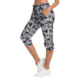 ChinFun Women's Hiking Capris Pants Outdoor Quick Dry Cargo Cropped Pants Water Resistant Sun Protection UPF 50+ Black & Grey Gridding Size M