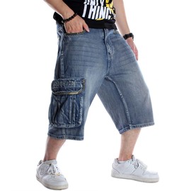 Men's Loose Hip Hop Cropped Jeans Denim Shorts with Cargo Pockets,Blue Multiple Pockets 101-1, 36