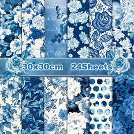 24 Sheets Dark Blue Rose Pattern Scrapbook Paper, 12 Designs Double-Sided Blue Rose Decorative Paper Scrapbook Craft Paper, 12 x 12 Inch Craft Supplies Card Making Scrapbook