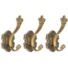 RIXIGOOD Vintage Coat Hooks Wall Mount, Antique Brass Decorative Wall Hooks for Hanging Clothes Robe Hat Key Purse Towel Hook for Bathroom Shower Closet Mudroom Unique Heavy Duty 3 Pack