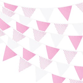 G2PLUS Pink and White Dots Fabric Banner, 12M Dots Fabric Bunting, Large Cotton Triangle Garland with 42PCS Dots Blank Pennants for Wedding Birthday,Kid's Bedroom, Playhouse, Garden,Decoration