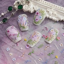 1Pcs Little Wild Flower Nail Stickers Small Daisy Nail Decals 5D Embossed Wildflower Nail Art Stickers Spring Summer Pink Yellow Blue White Green Flower Design Nail Art Decoration for Women Girls Kids