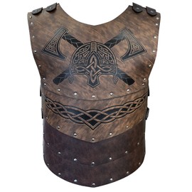HiiFeuer Viking Faux Leather Embossed Helmet Axe Chest Armor, Retro Medieval Knight Leather Armor for LARP/Cosplay (Brown A)