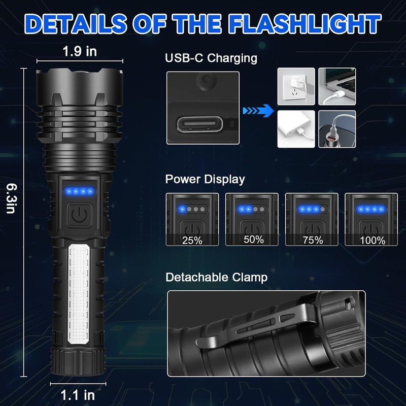 3Pack Rechargeable Flashlights, 7Mode Flashlights High Lumens, Super Bright LED