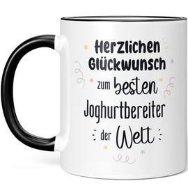 JUNIWORDS Tasse, Herzlichen Glückwunsch zum besten Joghurtbereiter der Welt, Schwarz (7639415)