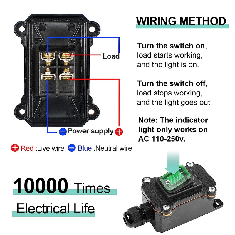 Gebildet Inline Cord Switch DPST Rocker Switch IP66 Waterproof, 20A-12VDC/16A-24VDC/20A-125VAC/16A-250VAC,
